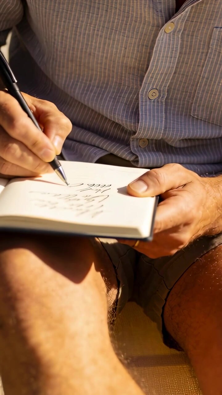 Video verticale: Uomo che scrive in camicia a righe, penna che tocca la pagina, che prende appunti sul divano con un diario