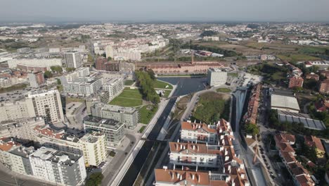 Aveiro-cityscape,-Portugal.-Aerial-circling