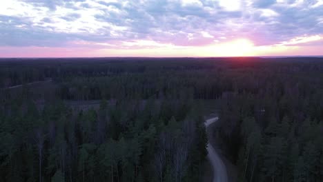 red bright sunset over conifer forest in aerial drone view