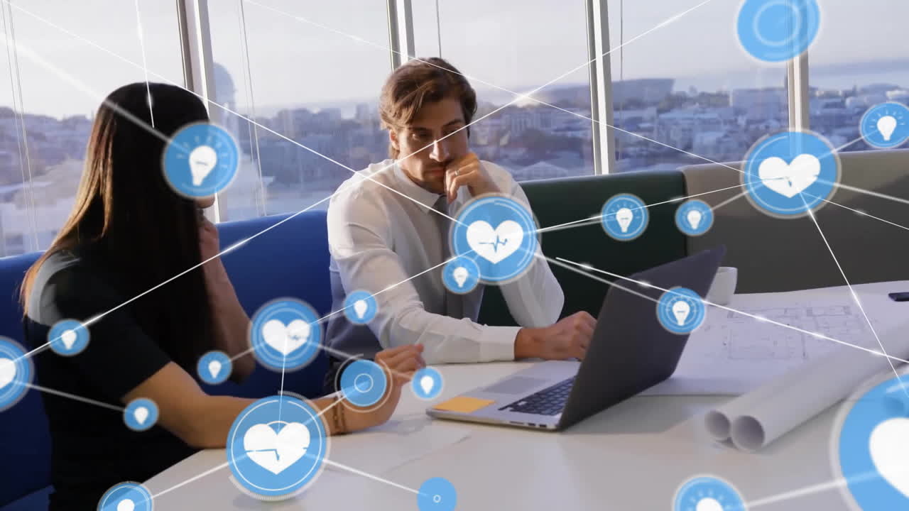 일에 대해 논의하는 카우카스 사업가들에 대한 아이콘과 연결 네트워크의 애니메이션