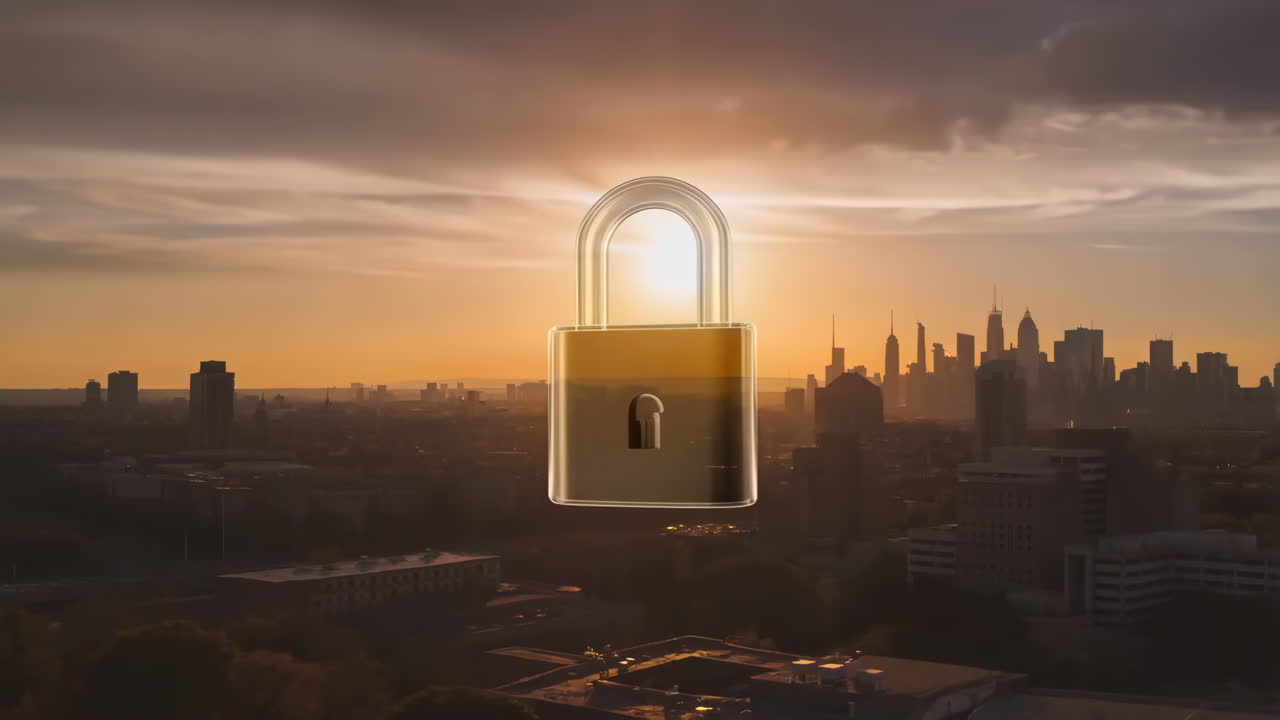 Cyber Security Padlock Over City Sunset