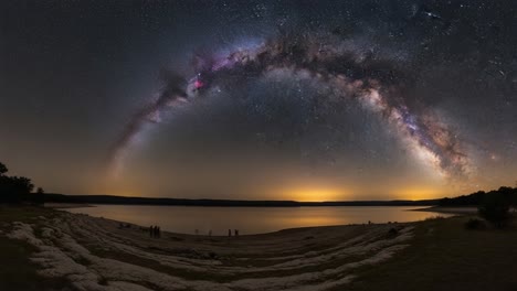 milky way galaxy arching over a lake at night