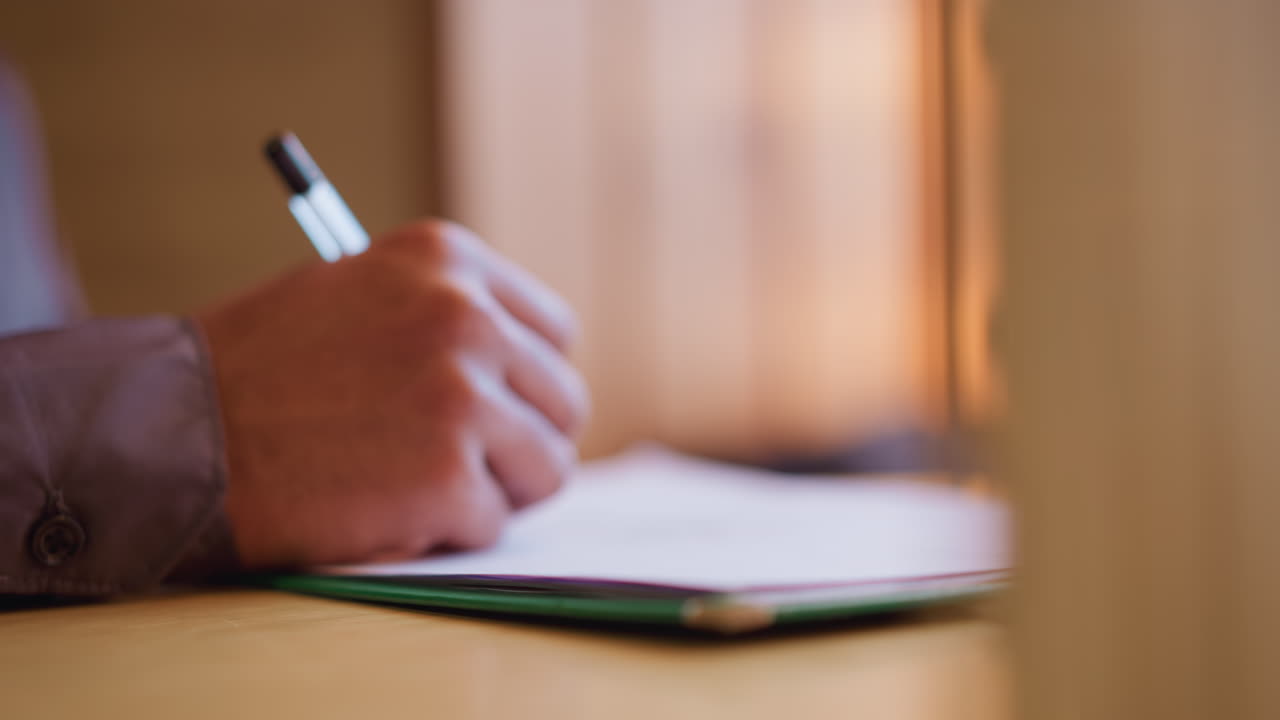 Close-up hand holding pen above paper in warm indoor lighting, blurred glowing bulbs in background suggest calm creative space or dressing room setting, moment of pause captured during writing