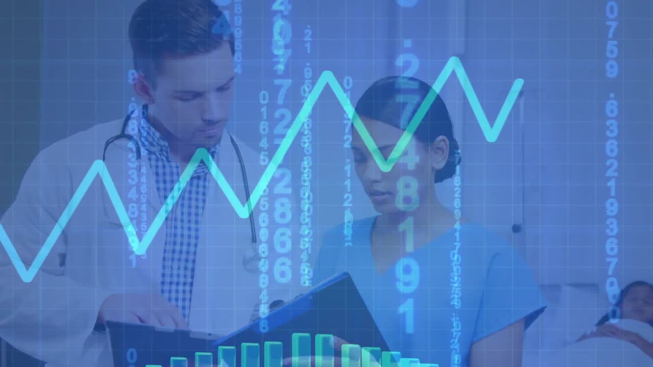 animación digital del procesamiento de datos financieros y codificación binaria contra médicos varones y médicas