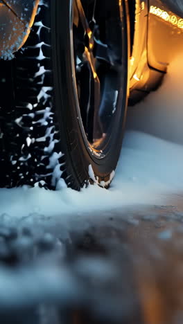 a car is parked in the snow with its tires covered in snow. the reflection of the car and the snow on the ground create a serene and peaceful atmosphere