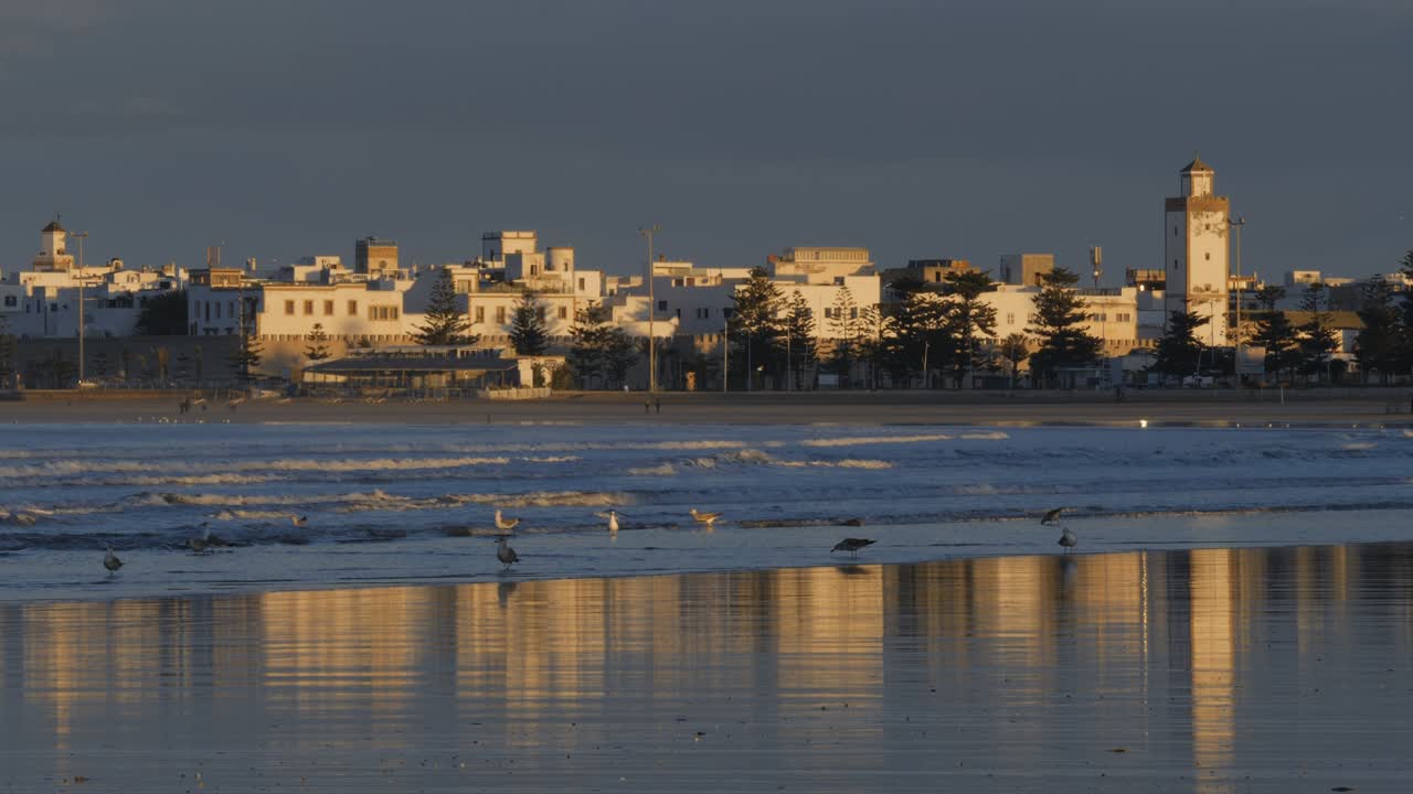 playa con el horizonte de la ciudad de essaouira, ciudad costera. hermosa luz matinal.