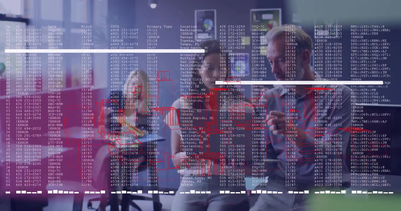 Tech professionals pointing at laptop as glitch launching data overlay, planning analytics strategy