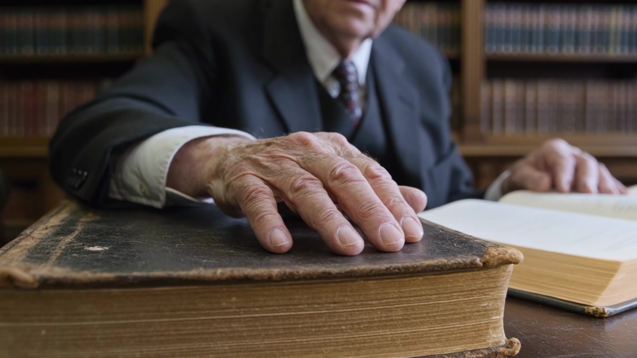 Uomo in abito che, posizionando la mano sinistra, consulta un libro aperto in biblioteca, appoggiato su un libro di pelle.