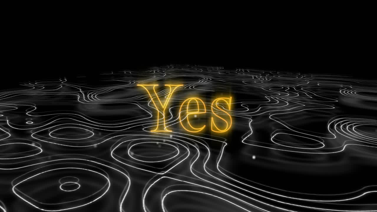 Animation of neon yes text over shapes moving on black background