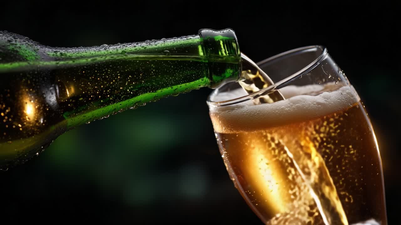 Primo piano accattivante di birra rinfrescante versata da una bottiglia verde in un bicchiere ghiacciato, che mostra bollicine ed effervescenza su uno sfondo scuro