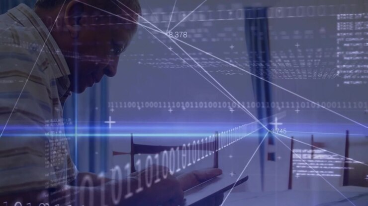 digital overlay scrolling man tapping and swiping tablet navigating tech data visuals