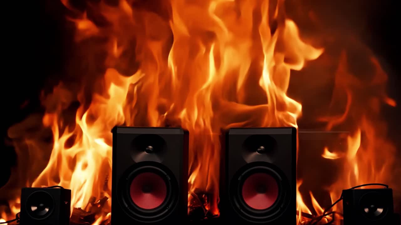 Speakers in front of a fire