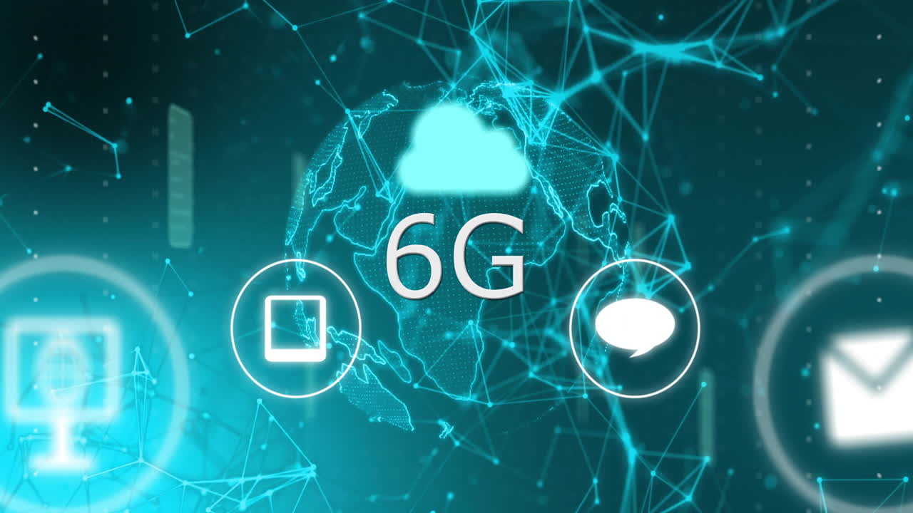 Animation of 6G technology concept with cloud and globe in digital network
