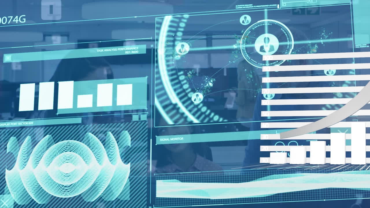 animación del procesamiento de datos sobre diversas personas de negocios en la oficina