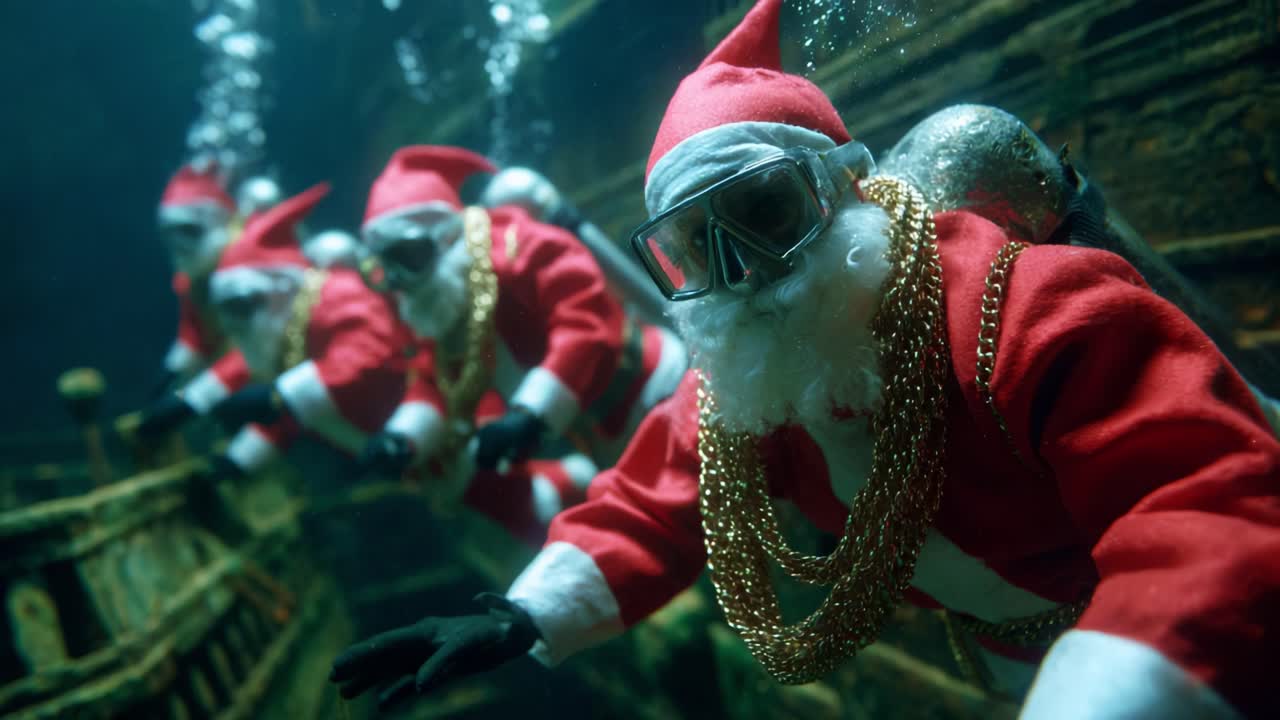 Underwater Santa Divers Dressed in Festive Red Suits and Accessories Explore a Sunken Shipwreck Surrounded by Bubbles and an Enigmatic Marine Environment, Representing a Unique Holiday Theme
