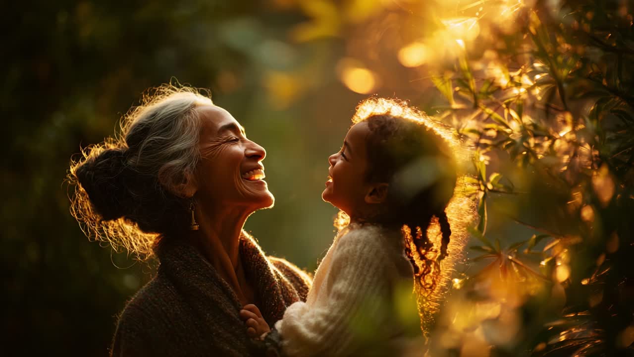 A joyous moment shared between a grandmother and her granddaughter, highlighted by golden sunlight filtering through lush greenery, illuminating their smiles and connection in a peaceful outdoor setting