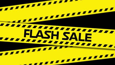 animation of flash sale text on yellow hazard tape, with green smoke explosion on black background