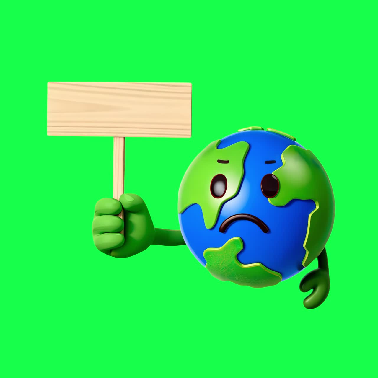 Sad Earth holding sign animation, transparent 4K video, green screen