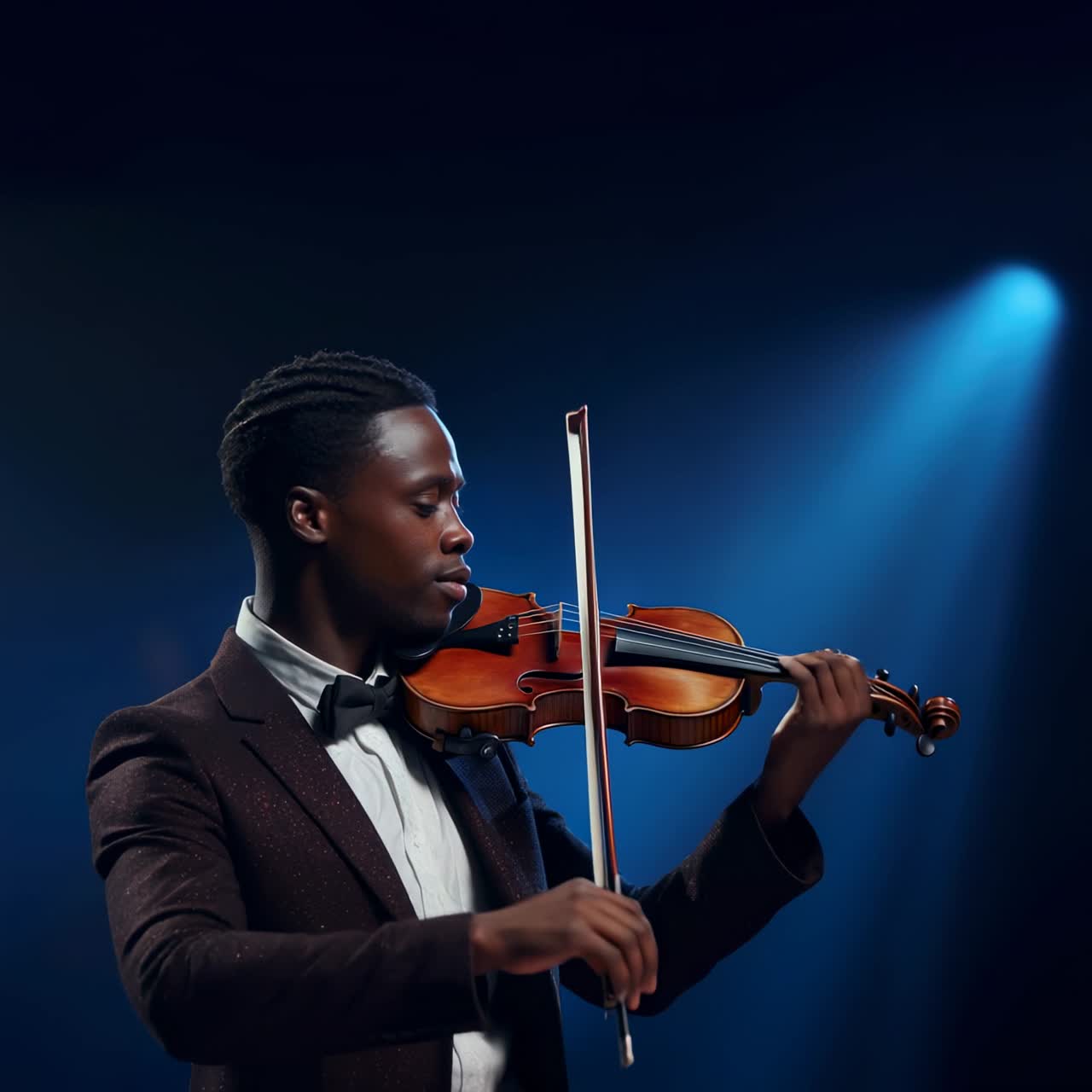 A video still of a violinist in a spotlight, captured from a side angle