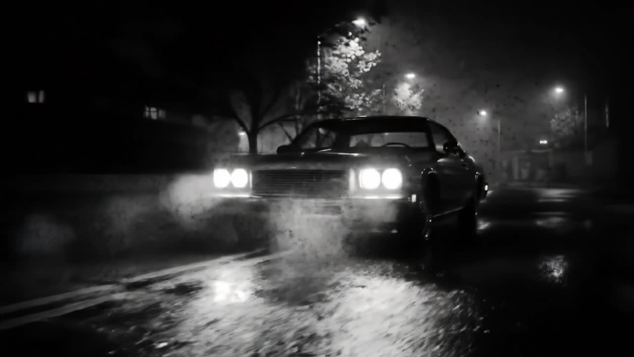 A classic car cruises along a dimly lit urban street on a rainy night. The wet pavement reflects the soft glow of streetlights, adding an atmospheric touch to the scene.