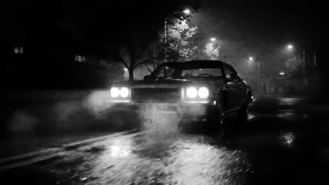 a classic car cruises along a dimly lit urban street on a rainy night. the wet pavement reflects the soft glow of streetlights, adding an atmospheric touch to the scene.