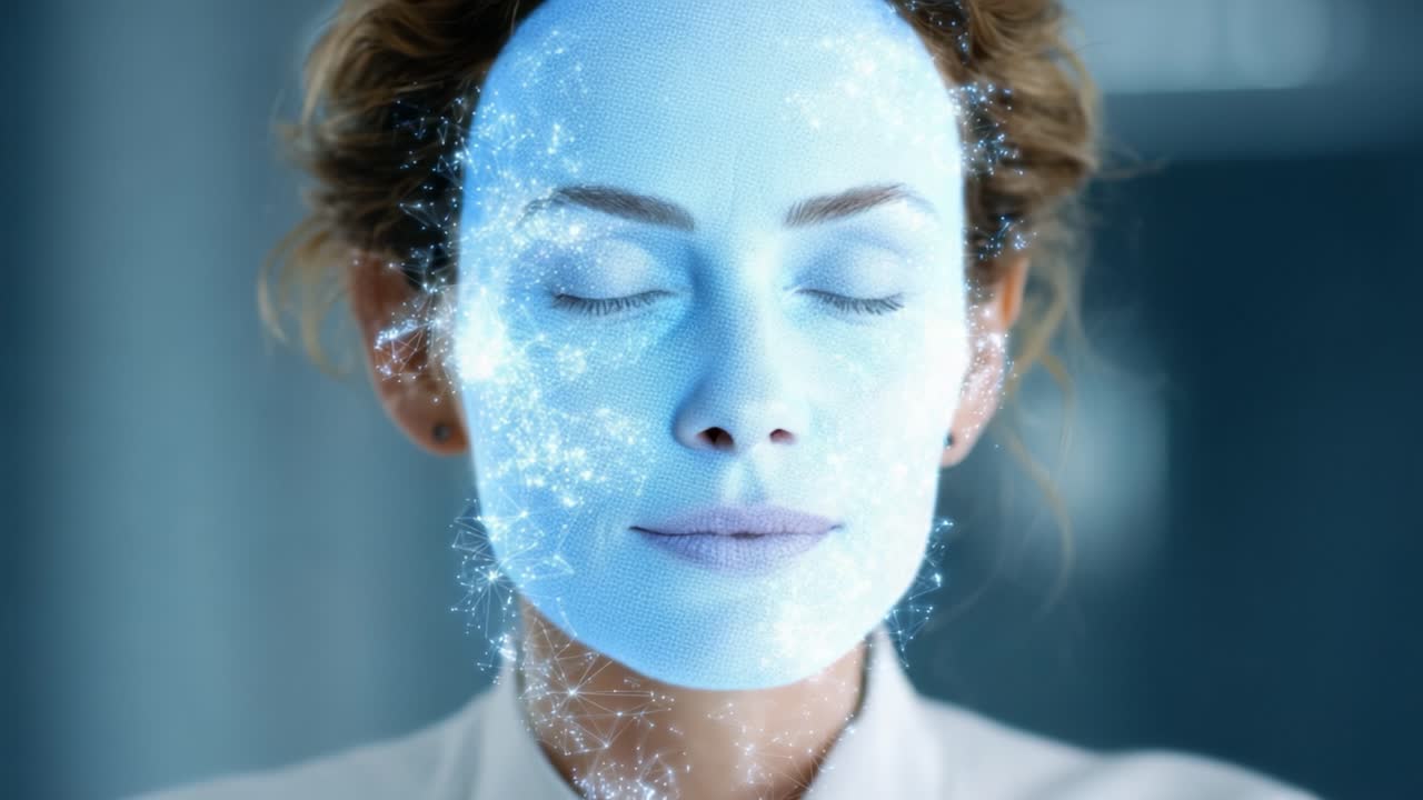 A Tranquil Journey Through Transformation: A Woman's Facial Experience Enhanced by Illuminating Energy and Beauty Techniques, Illustrating the Power of Innovative Skincare Solutions