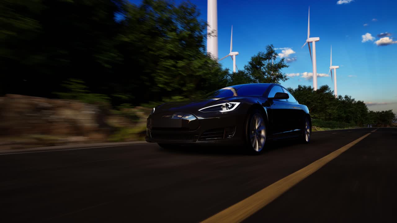 renderización 3d de coches eléctricos genéricos en una carretera con turbinas eólicas en el fondo. animación 3d realista