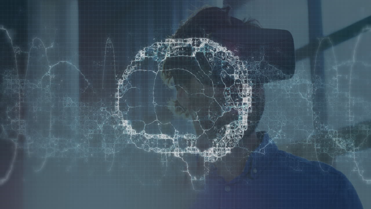 Animation of human brain spinning and data processing over businessman wearing vr headset