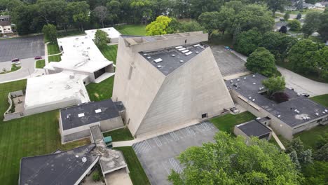 high angle of the church showing its roof and other buildings and features