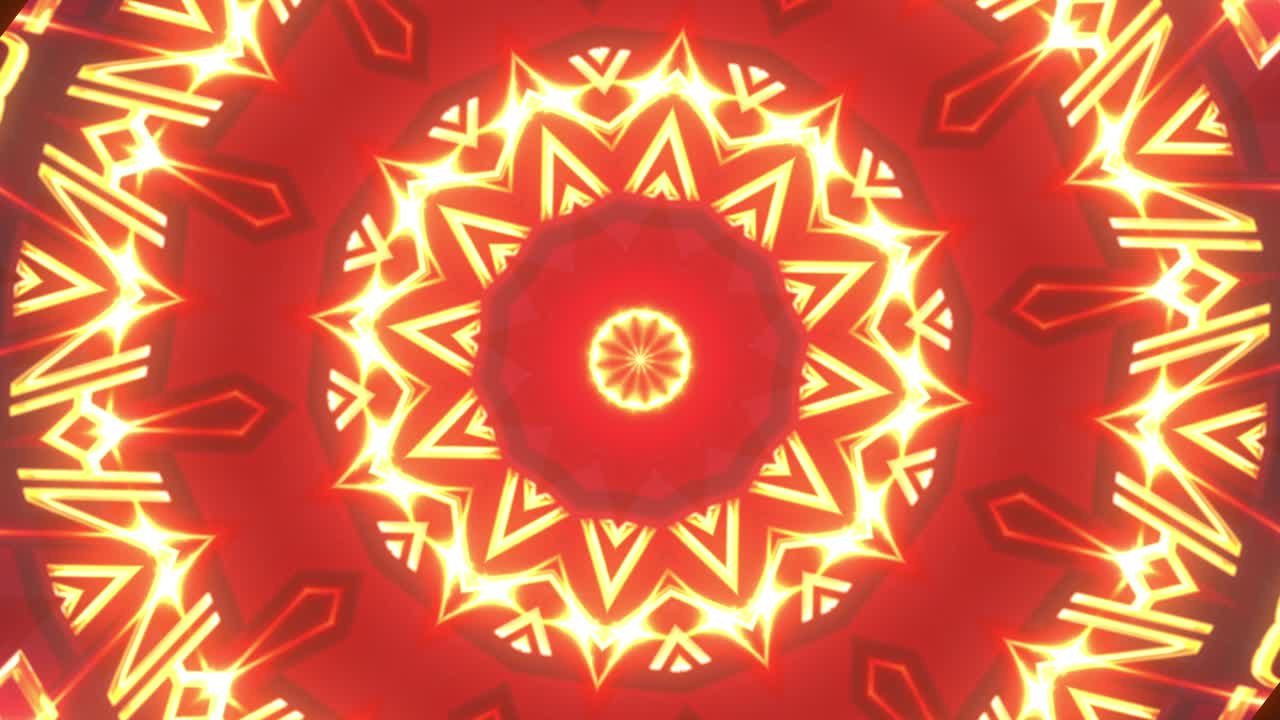 4K Beautiful Abstract Red and Gold Flickering Light Kaleidoscope Shapes Seamless Loop Background. Technology futuristic light glowing line. Digital art animation motion design for fashion, VJ loop.