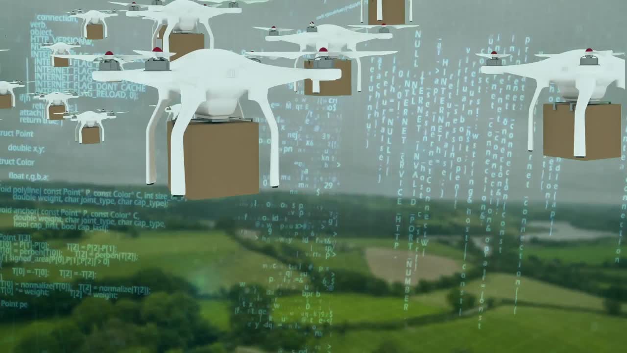 상자를 들고 하늘을 날아다니는 드론