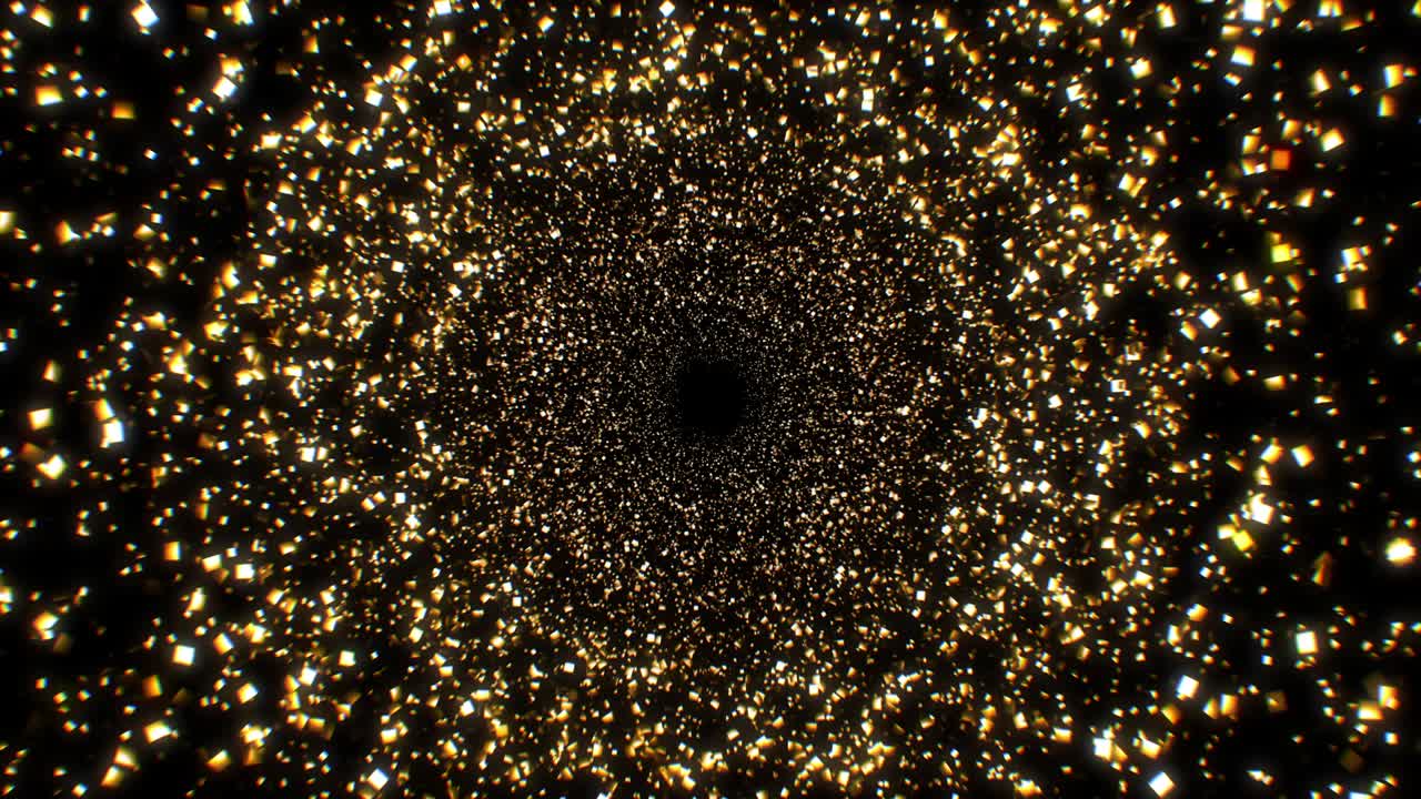 Bellissimi coriandoli dorati che volteggiano senza interruzioni. Movimento attraverso un tunnel di lusso fatto di particelle dorate scintillanti. Animazione 3D in loop.