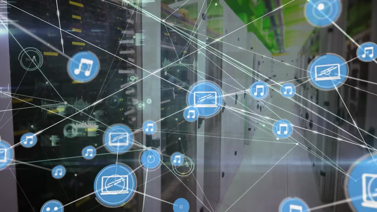 Animation of network of connections with icons and data processing over computer server