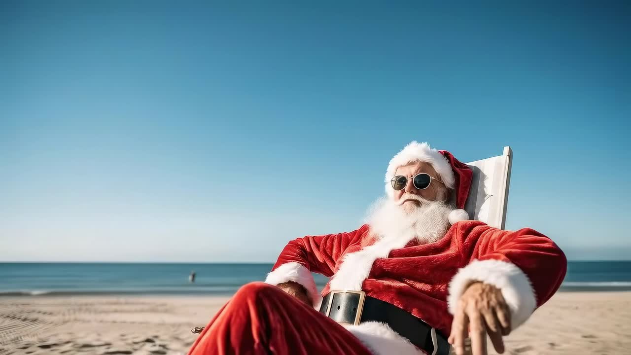 Santa relaxing on a beach chair, sunny day, wide-angle shot