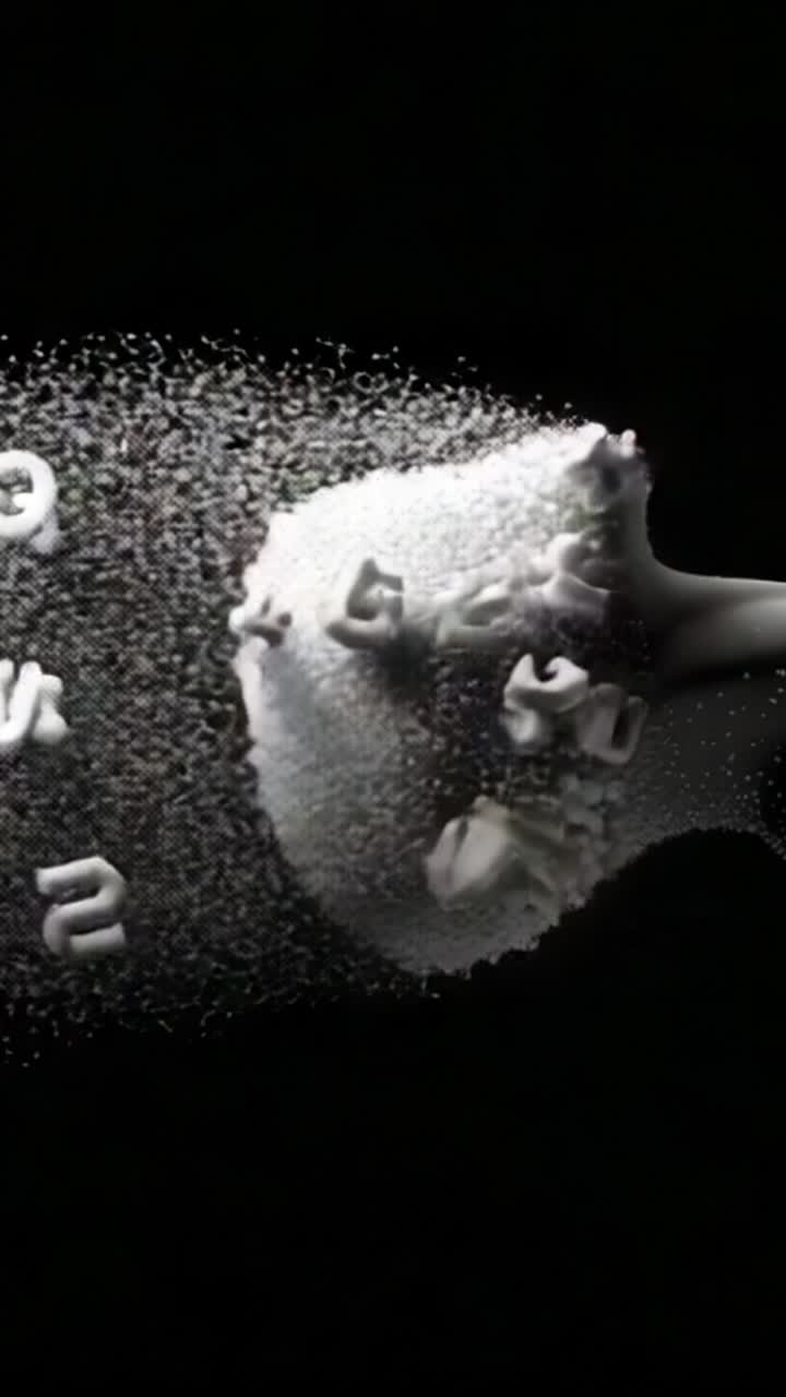 Una visualizzazione dinamica di lettere fluttuanti tra uno spruzzo di particelle che cattura l'essenza di creatività ed espressione in una sinfonia visiva