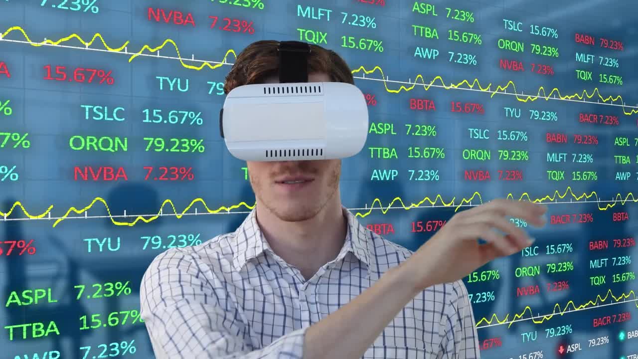 Animation of businessman using vr headset and financial data processing over empty office