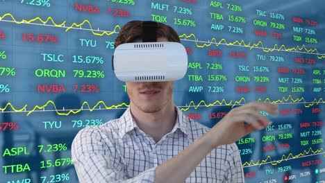 Animation-of-businessman-using-vr-headset-and-financial-data-processing-over-empty-office