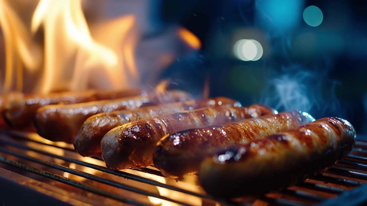 Deliziose Salsicce alla Griglia che Cuociono su una Fiamma con Fumo e Braci Ardenti, Creando un'Atmosfera Invitante e Appetitosa per gli Amanti del Barbecue all'Aperto