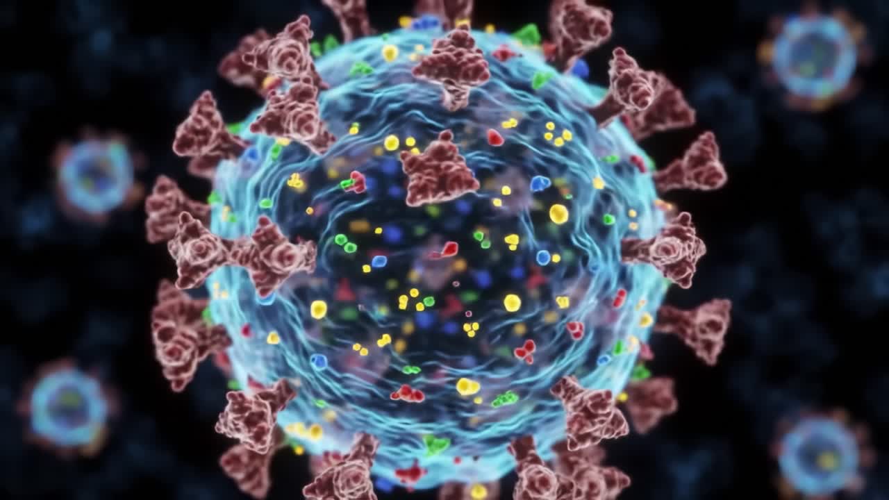 Visual Representation of a Virus: An Intricate View of Viral Structure and Composition Highlighted by Colorful Molecular Interactions and Surface Features