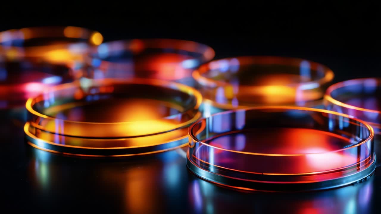 Captivating Close-Up of Vividly Colored Liquid in Petri Dishes Against a Dark Background, Showcasing Vibrant Purples and Oranges That Create a Mesmerizing Visual Experience