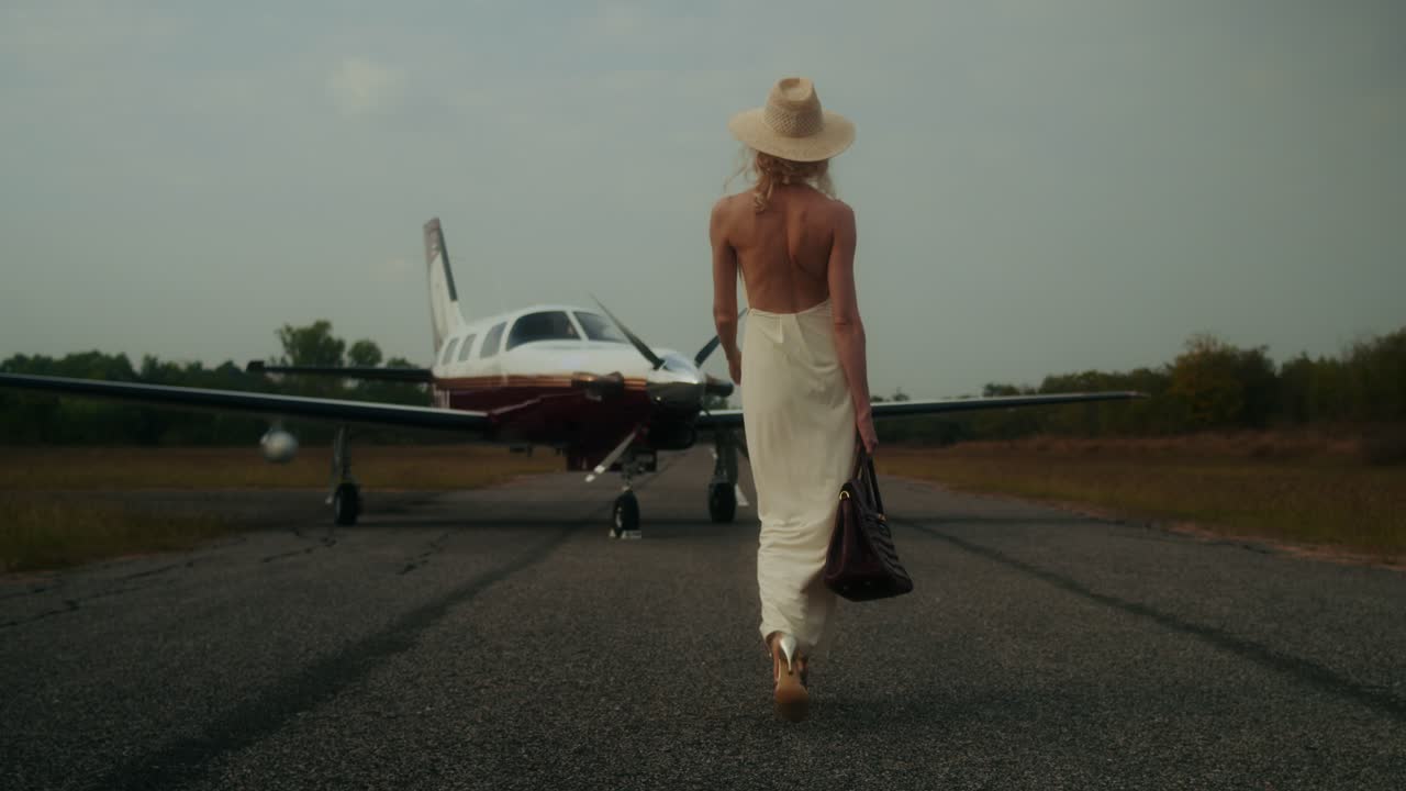 Woman in white dress walks to private jet