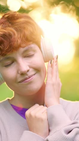 woman enjoying music with headphones outdoors at sunset