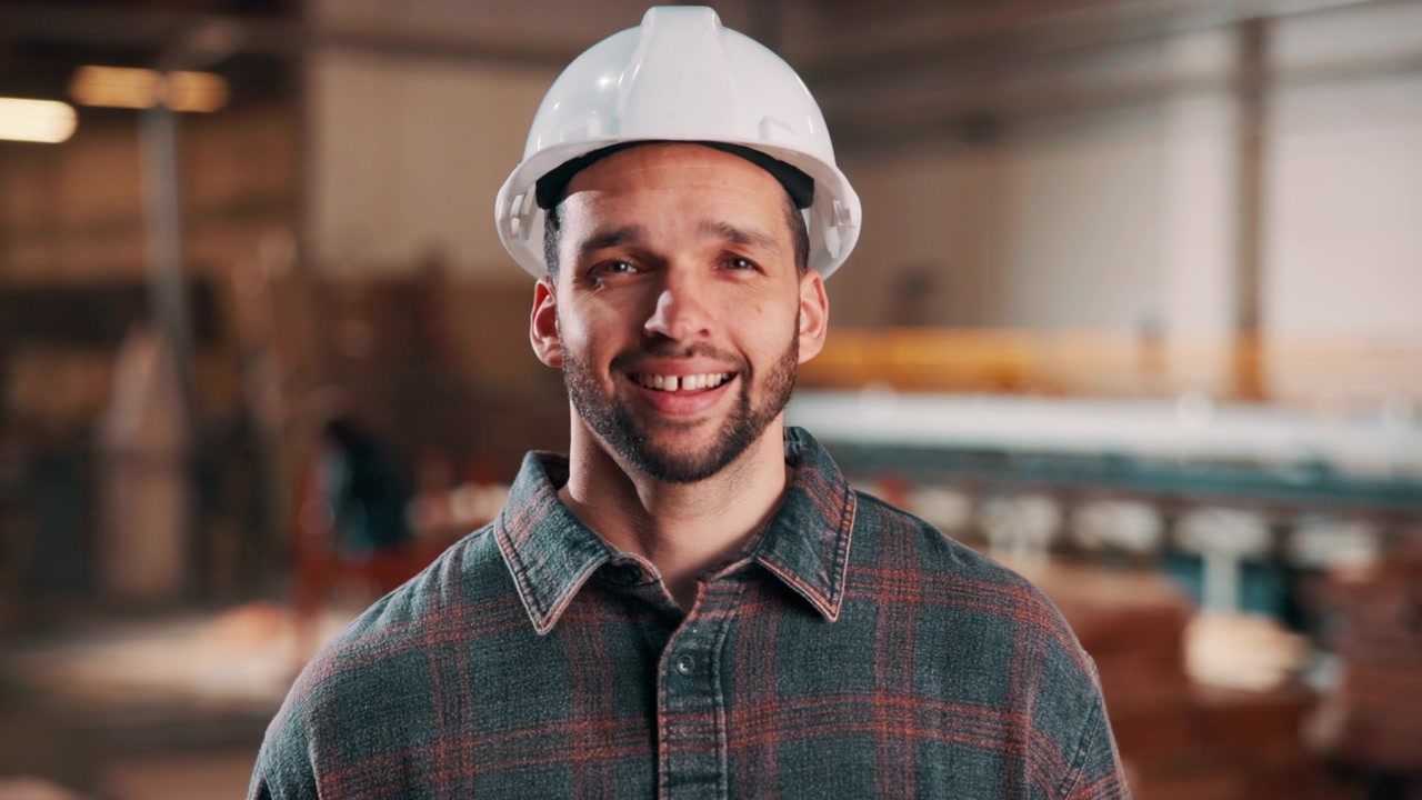 Portrait of a Smiling Construction Worker Wearing a Hard Hat