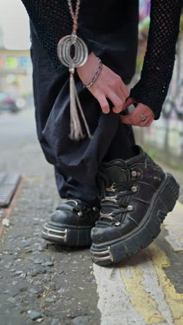 Vertical-Video-Close-Up-Outdoor-Fashion-Shot-Showing-Young-Alternative-Style-Woman-Wearing-Trousers-And-Boots-Shot-In-Real-Time