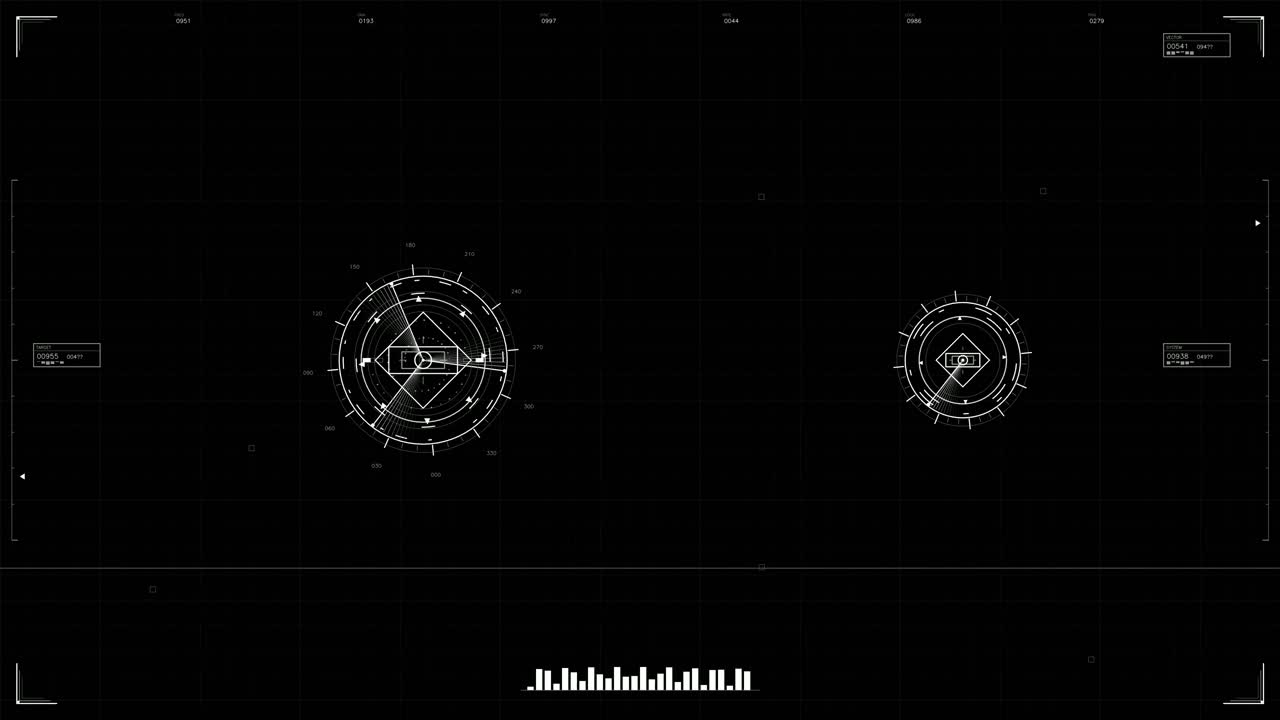 A military graphical user interface animation. It features various HUD elements designed for use in science fiction production. The data displays are unique in style