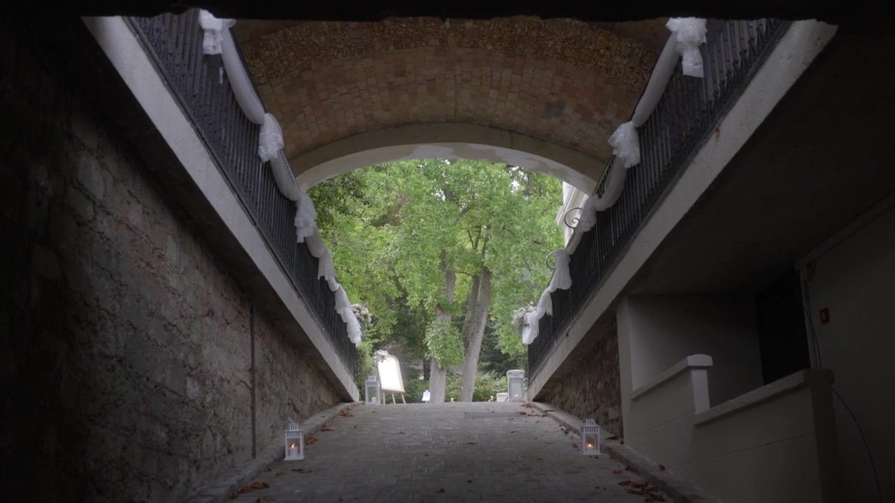 Dark tunnel passage opens toward trees and daylight outdoors