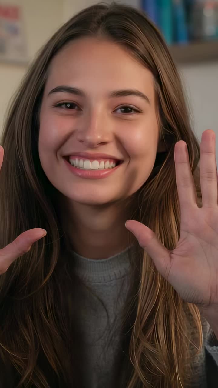 Vertical video: Recording starting vlogger speaking gesturing hands at home, grey sweater, shelf