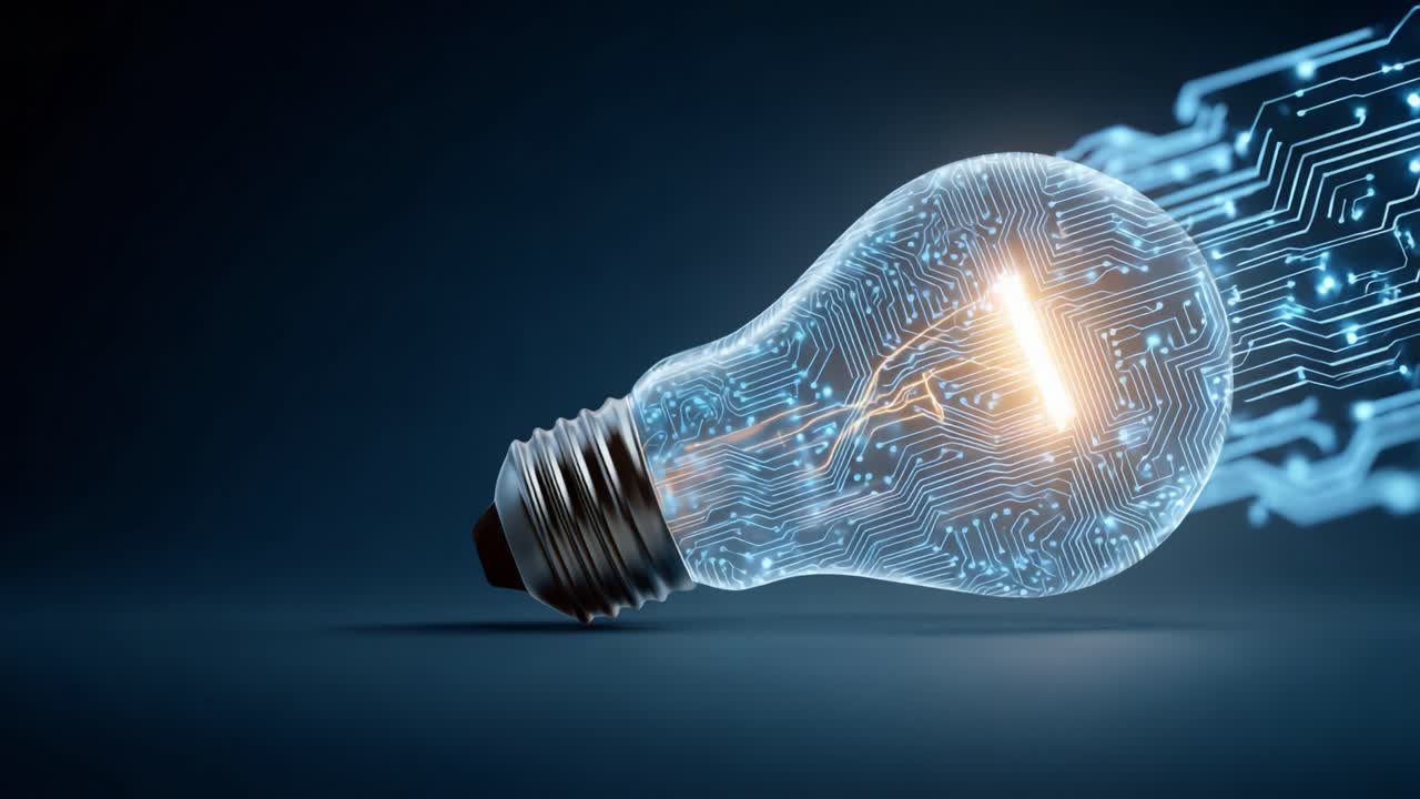 Leuchtende Glühbirne mit digitalen Schaltkreisen, die Innovation und technologische Transformation in modernen Energielösungen symbolisiert