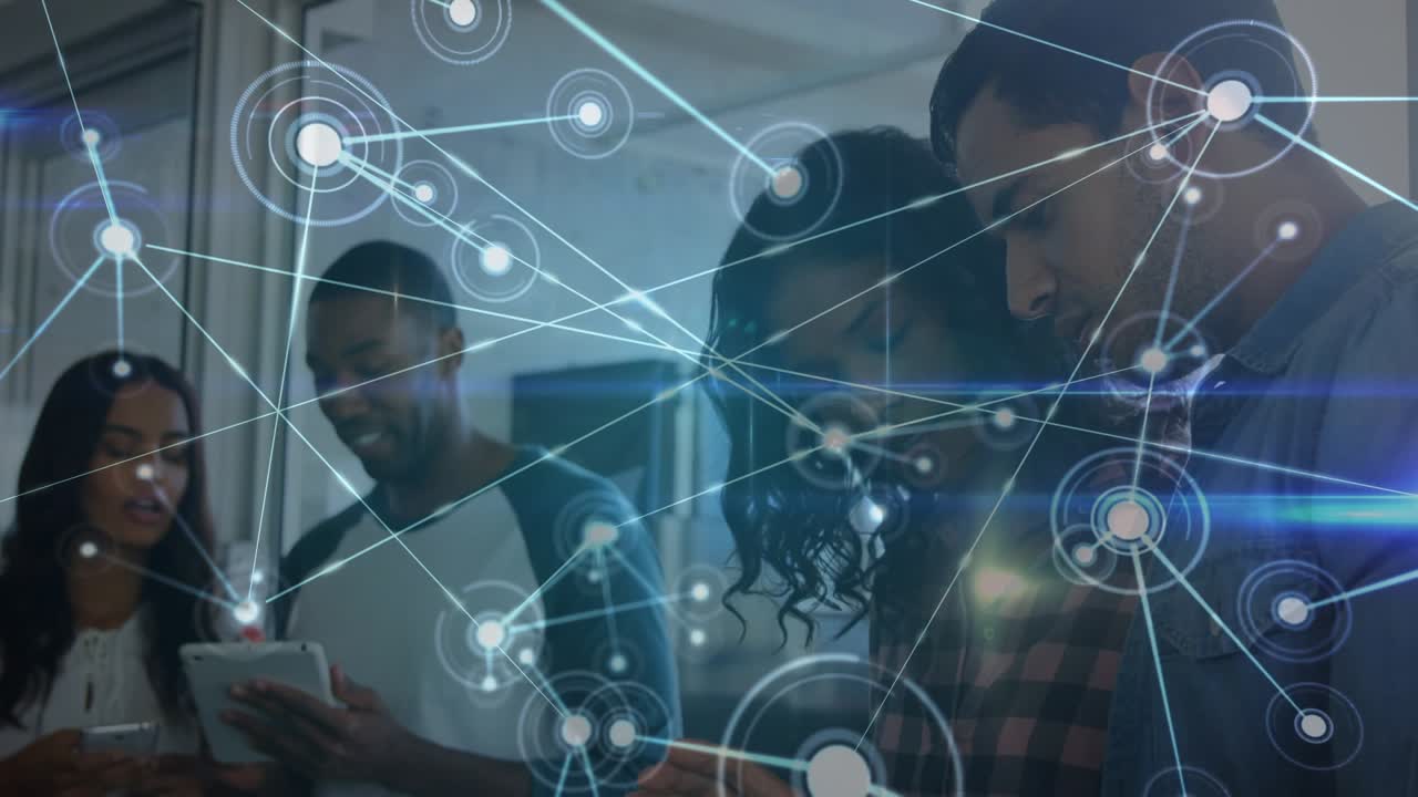 Animation of network of connections over diverse business people in office