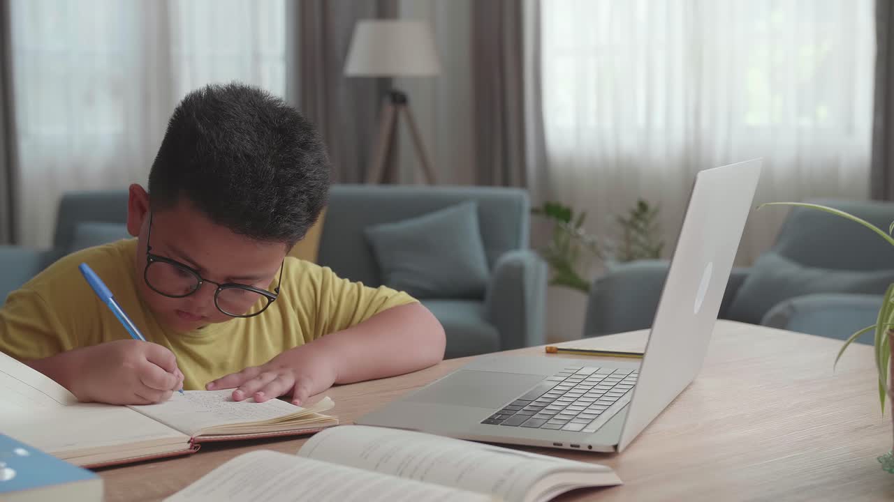 Asian Little Boy Study From Home. Child Use Laptop Makes Notes